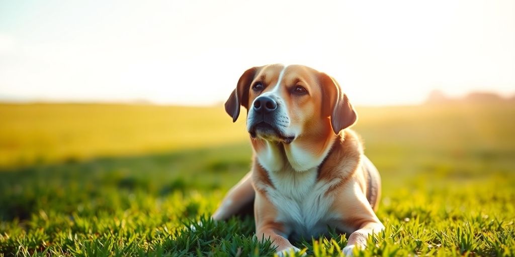 Calm dog sitting peacefully in a sunlit field.