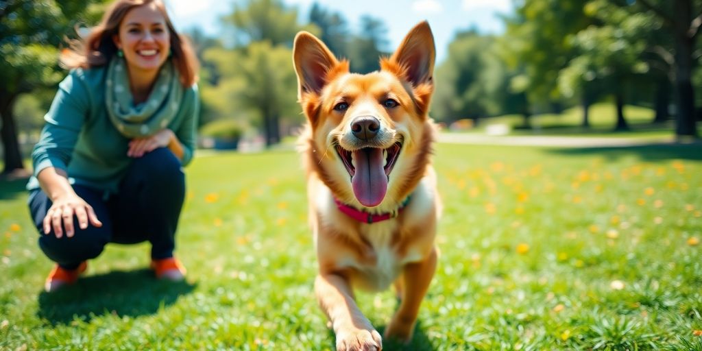 Happy dog and sitter enjoying a sunny park.