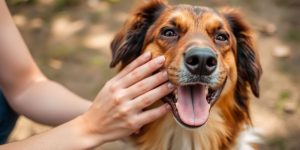 Person petting a happy dog in a natural setting.