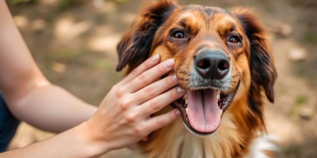 Person petting a happy dog in a natural setting.