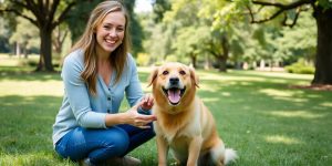 Dog sitter with happy dog in Savannah park.