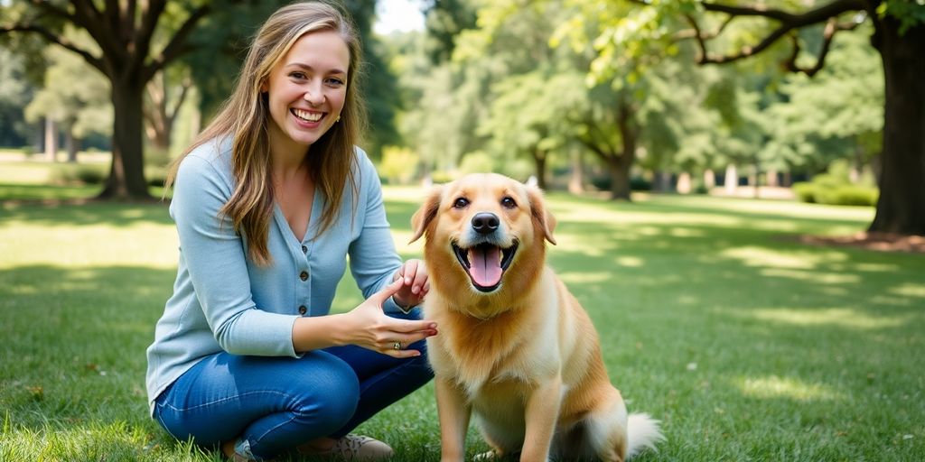 Dog sitter with happy dog in Savannah park.