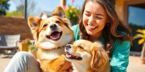 Pet owner joyfully interacting with their pet outdoors.
