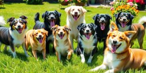 Several dogs playing happily in a bright backyard.