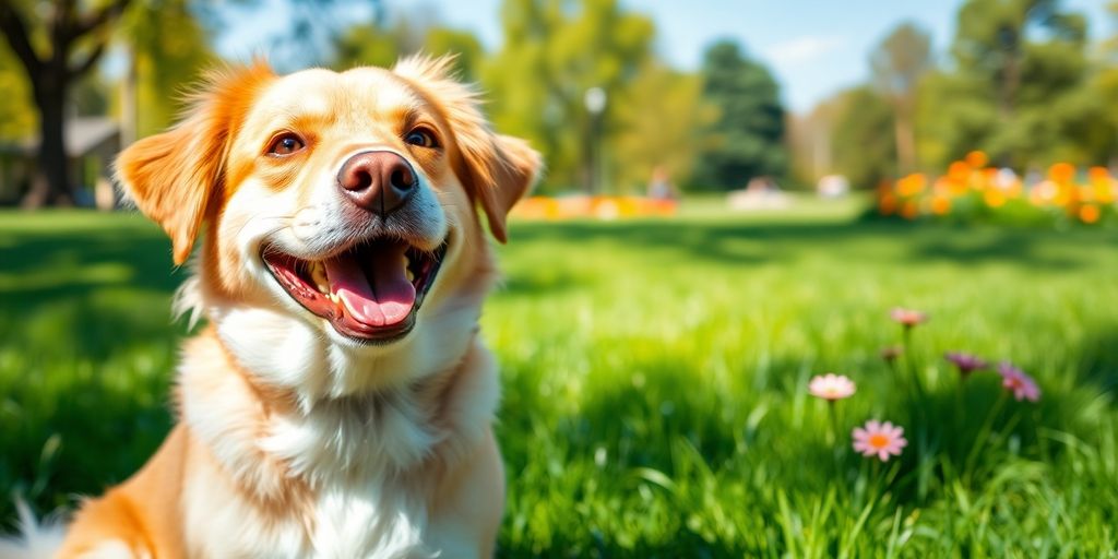 Happy dog sitting in a sunny park.