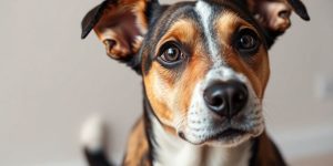 Close-up of an attentive dog with expressive eyes.